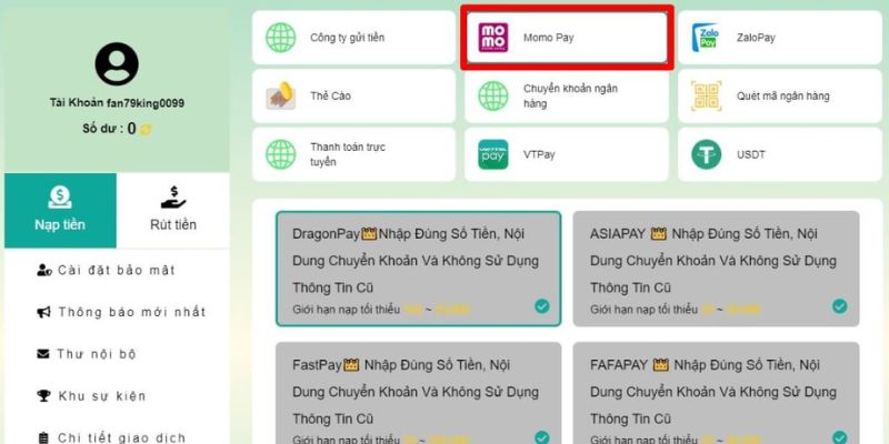 Các hình thức giao dịch nạp tiền tại 79King